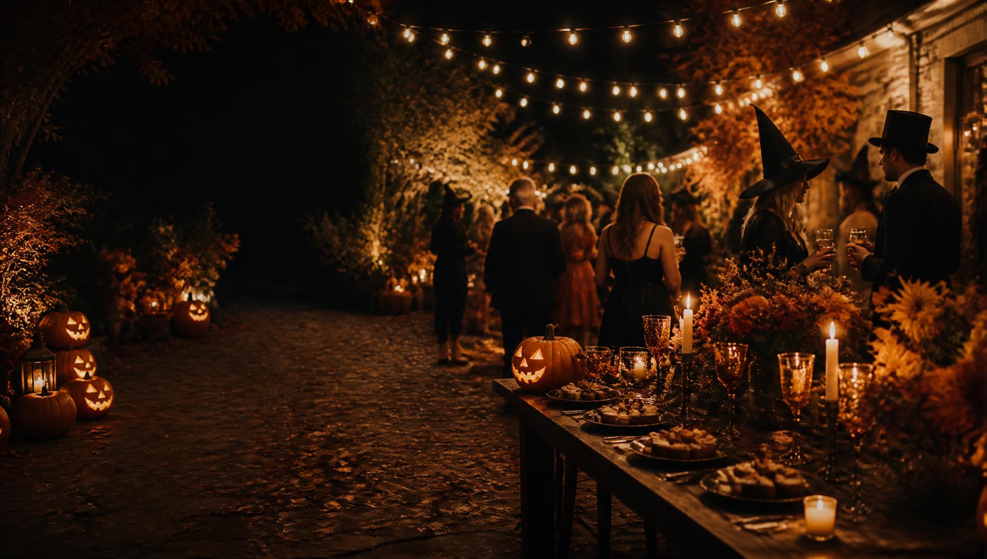 Cinematic outdoor Halloween party with glowing jack-o'-lanterns and string lights