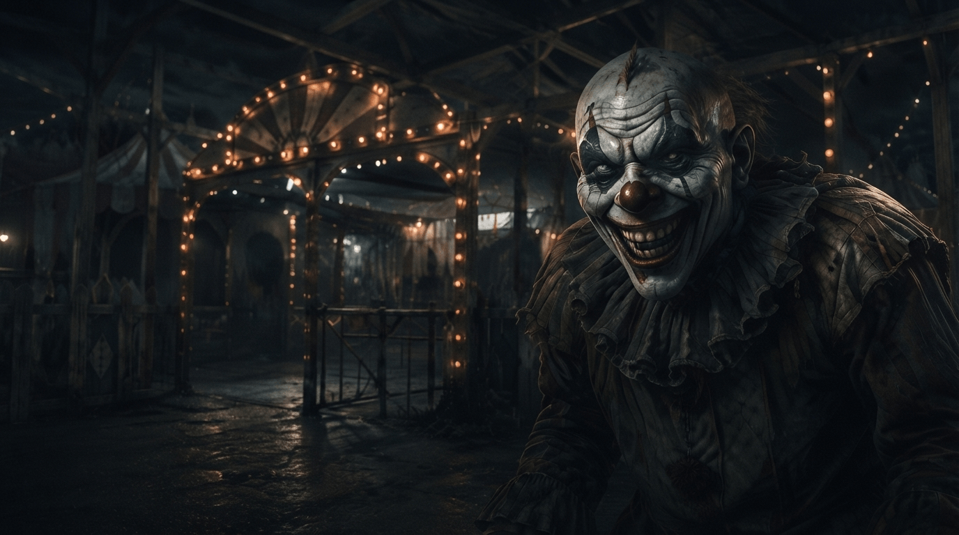 A fog-shrouded haunted house lit by a single lantern