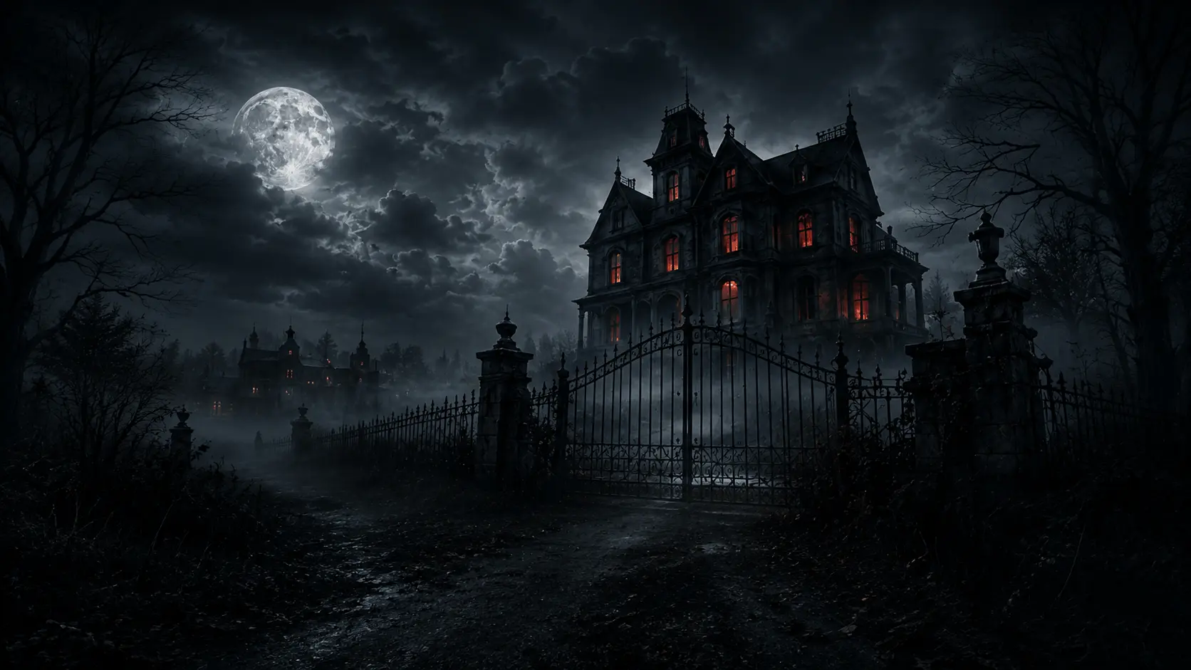 Gothic haunted mansion shrouded in fog at night, the Web of Screams guide to Halloween attractions