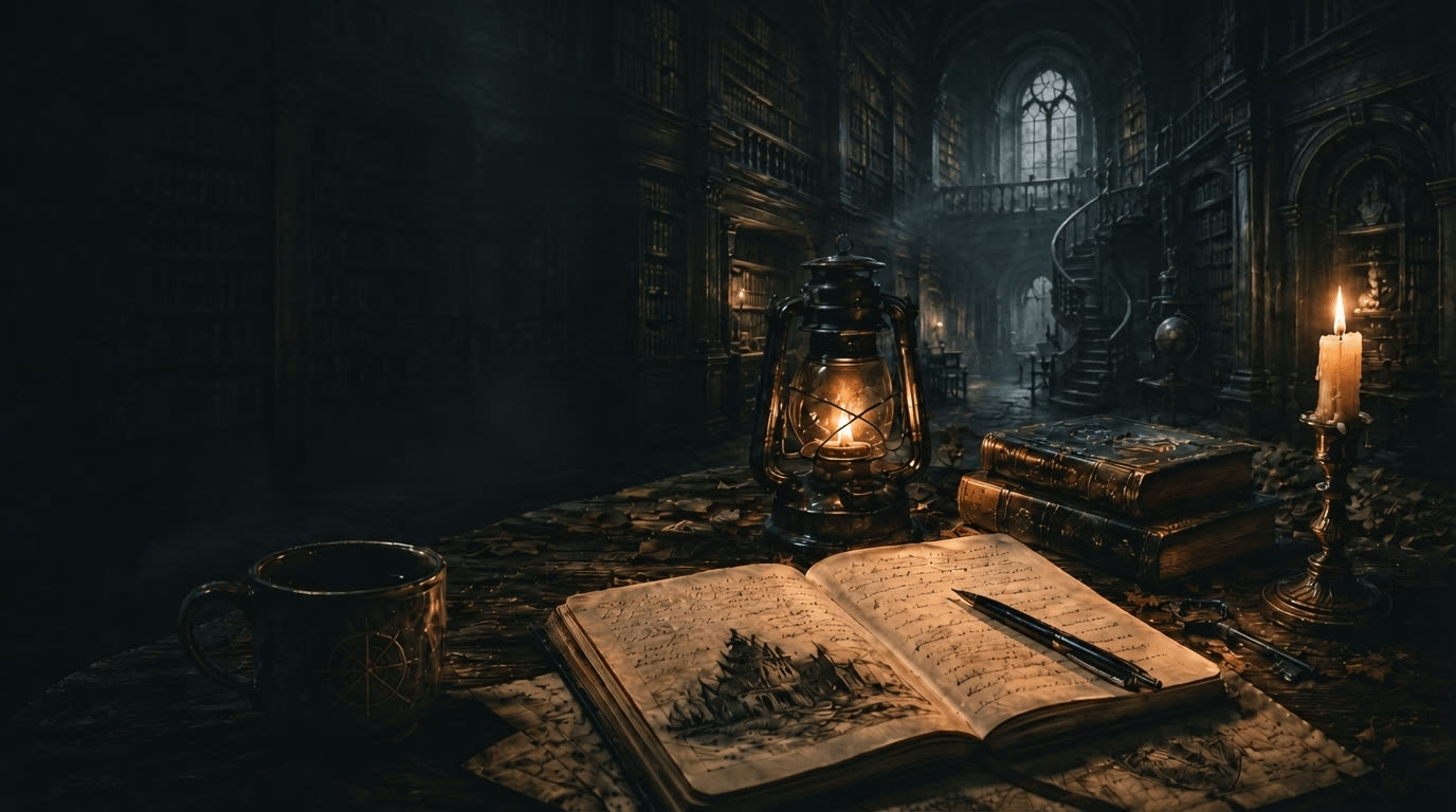 A lantern-lit journal and old books on a desk in a shadowy gothic library