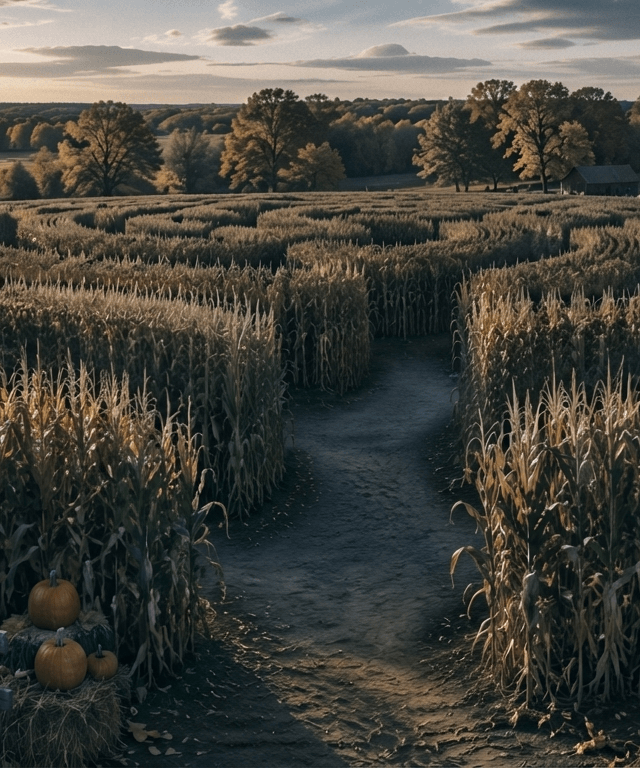 A sprawling corn maze cut into a farm field on a golden autumn afternoon