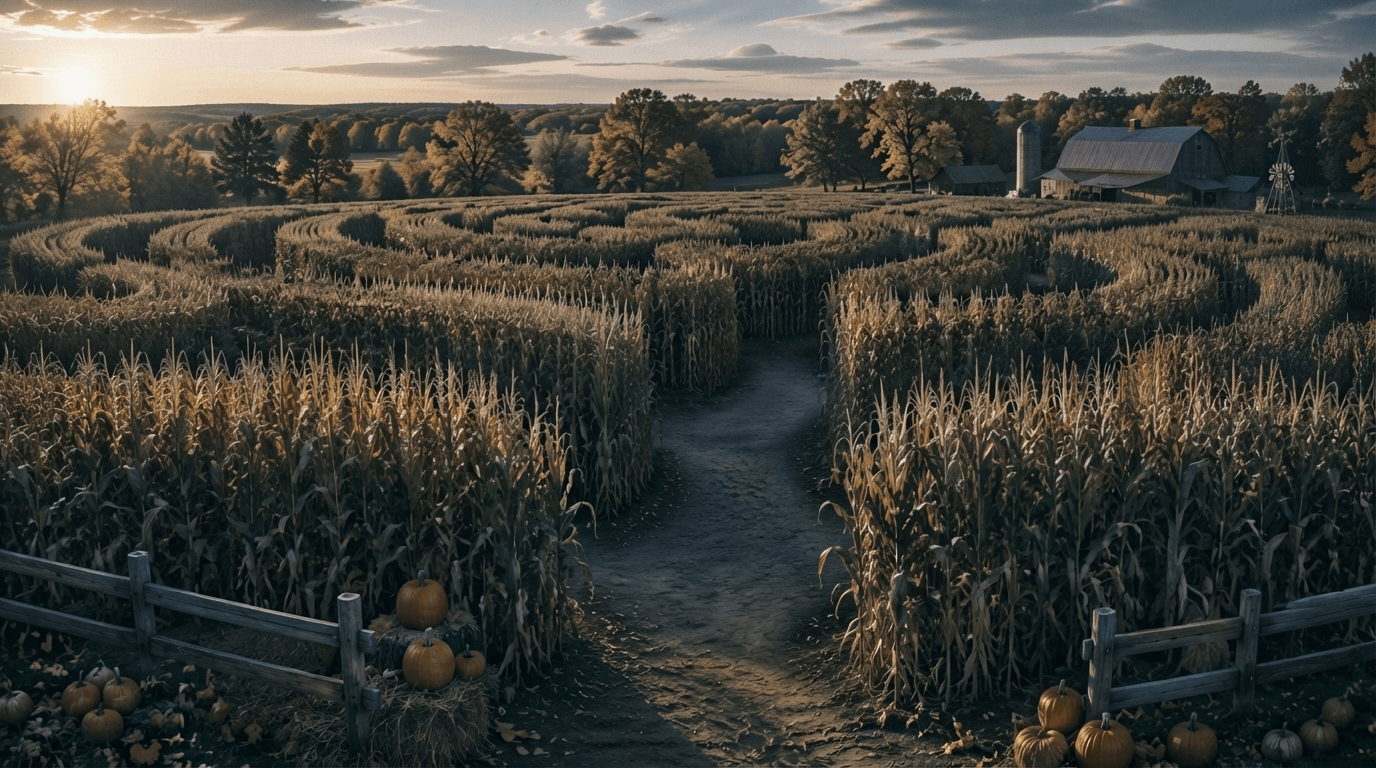 Corn Maze — A rustic pumpkin patch with a weathered barn on an overcast autumn day