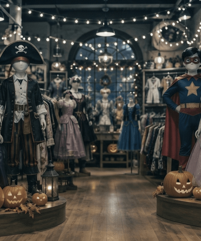 Racks of Halloween costumes and masks inside a seasonal costume shop