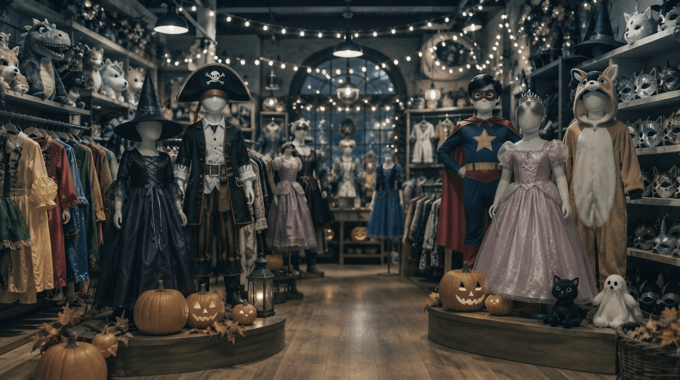 Costume Shop — A rustic pumpkin patch with a weathered barn on an overcast autumn day