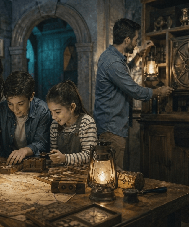A themed escape room with puzzle props and a locked door