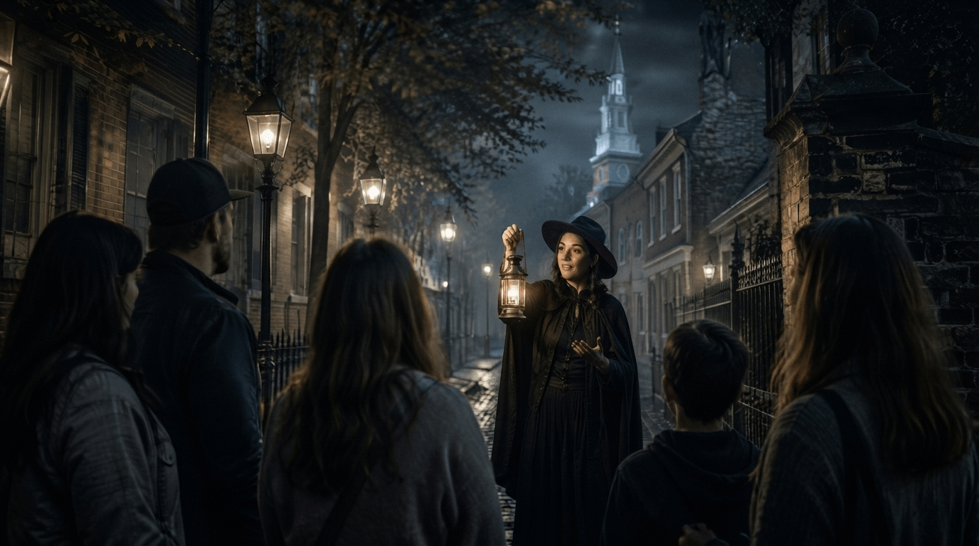 Ghost Tour — A rustic pumpkin patch with a weathered barn on an overcast autumn day