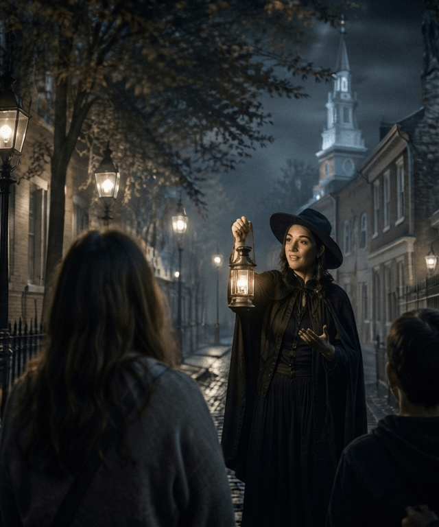 A lantern-lit guided ghost tour walking a historic street at dusk