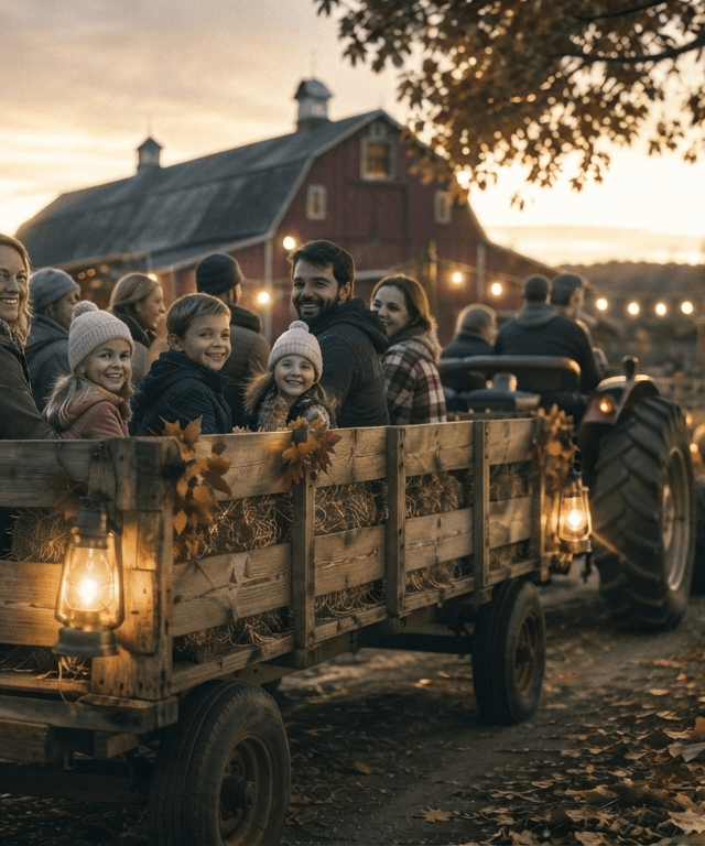 A tractor pulling a hay wagon of families through an autumn farm