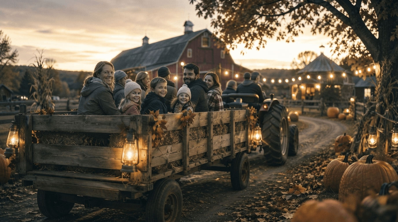 Hayride — A rustic pumpkin patch with a weathered barn on an overcast autumn day