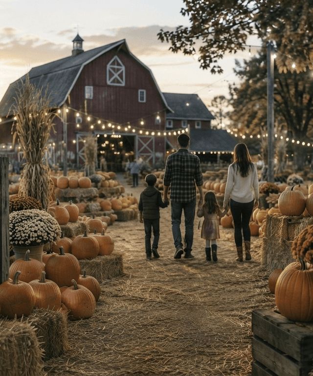 Rows of pumpkins in a farm field with a red barn behind them