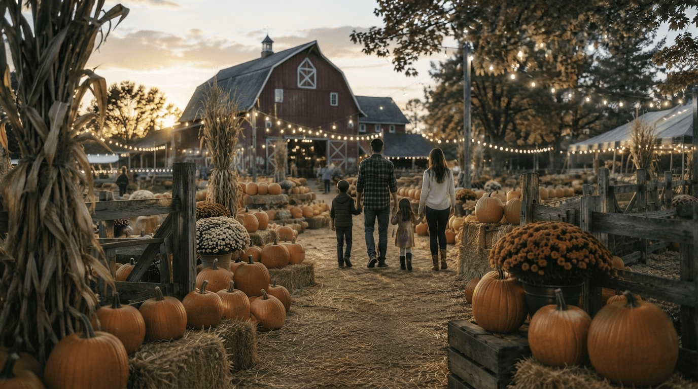 Pumpkin Patch — A rustic pumpkin patch with a weathered barn on an overcast autumn day