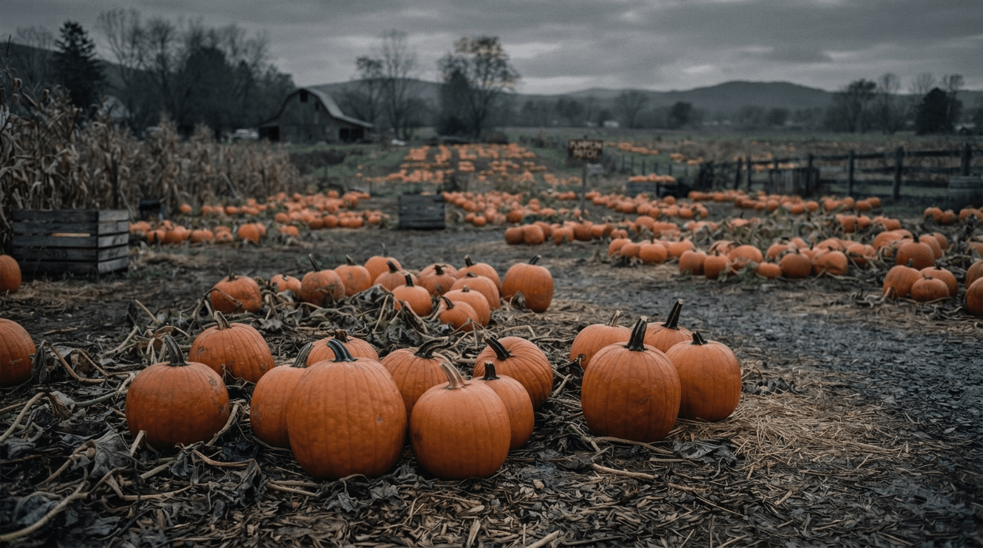 A rustic pumpkin patch with a weathered barn on an overcast autumn day