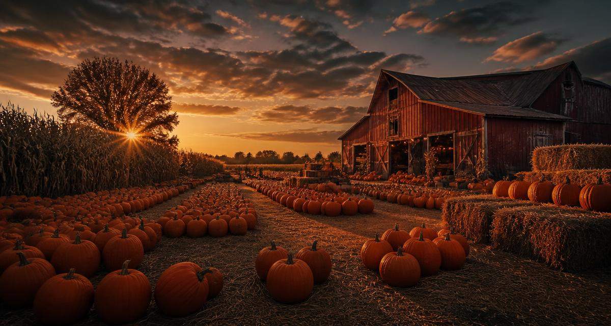 A rustic pumpkin patch with a weathered barn on an overcast autumn day