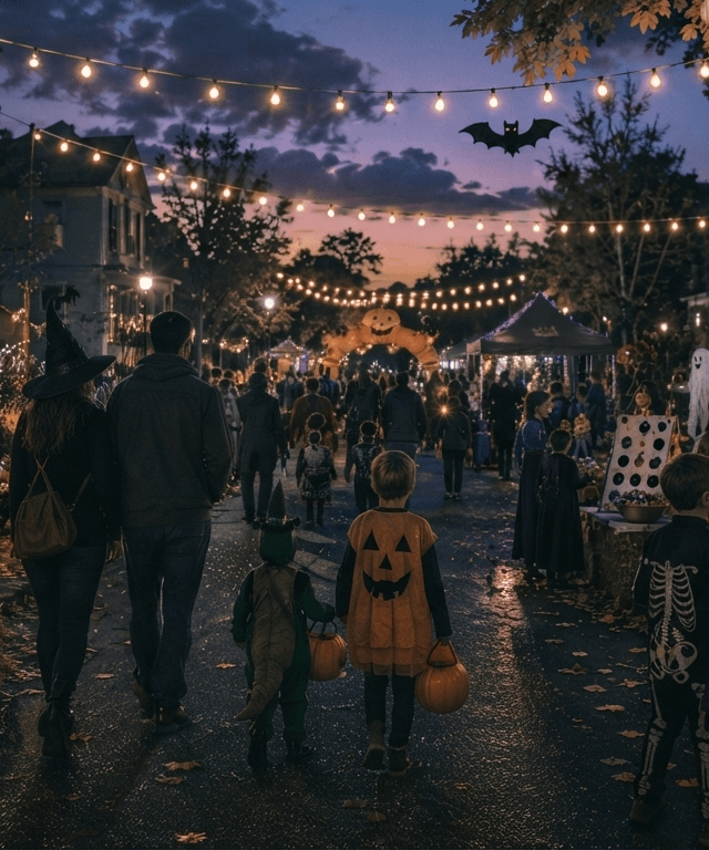 A neighborhood street strung with lights for a Halloween block party at night