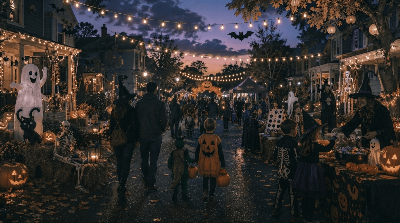 Block Party — A family in costumes celebrating a festive Halloween gathering