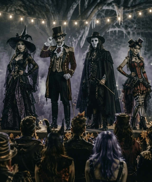 Costumed contestants lined up on a spotlit stage at a Halloween costume contest