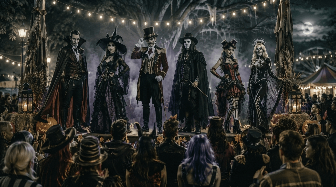 Costume Contest — A family in costumes celebrating a festive Halloween gathering