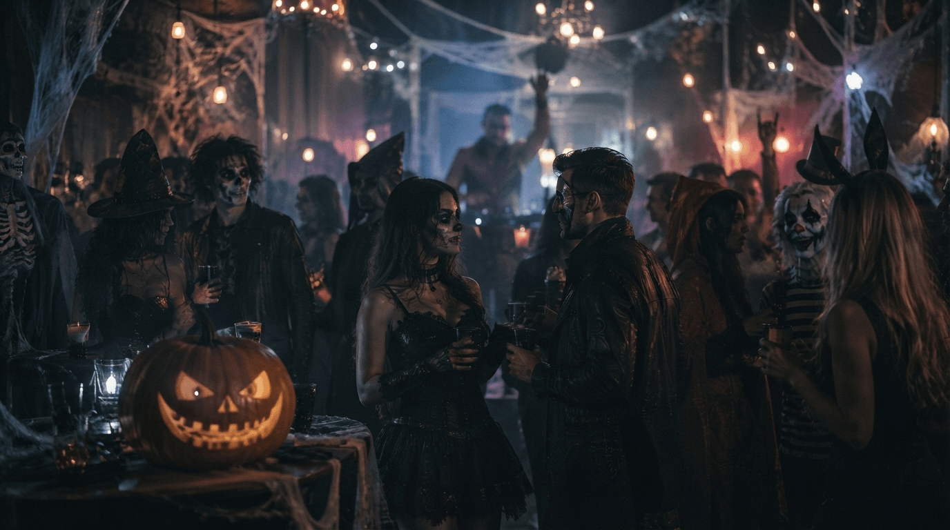 Costume Party — A family in costumes celebrating a festive Halloween gathering