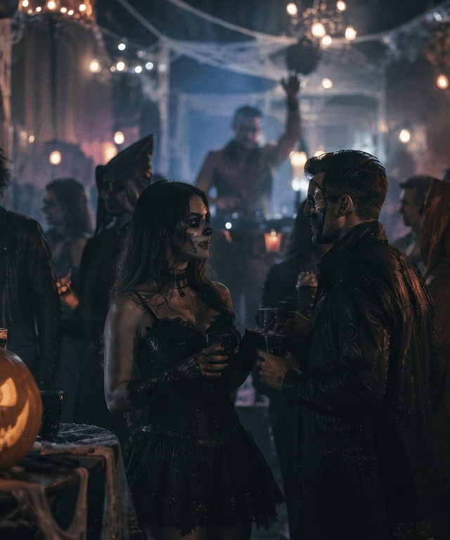 Guests in masks and costumes dancing by candlelight at a Halloween party