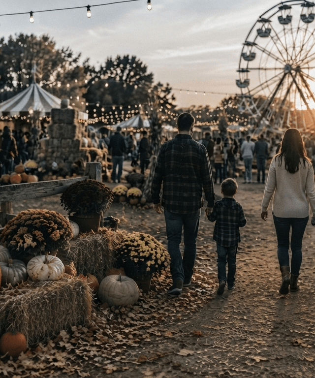 A glowing autumn festival midway with a ferris wheel and market stalls at dusk