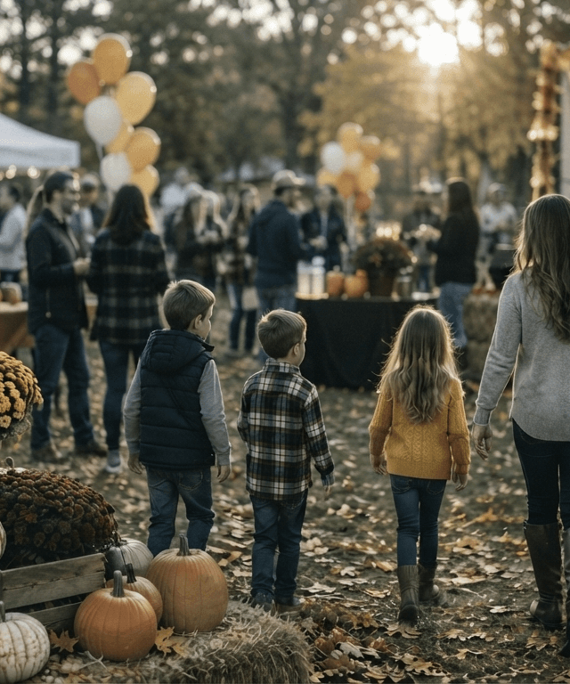 A string-lit tent with pumpkins hosting an autumn charity fundraiser