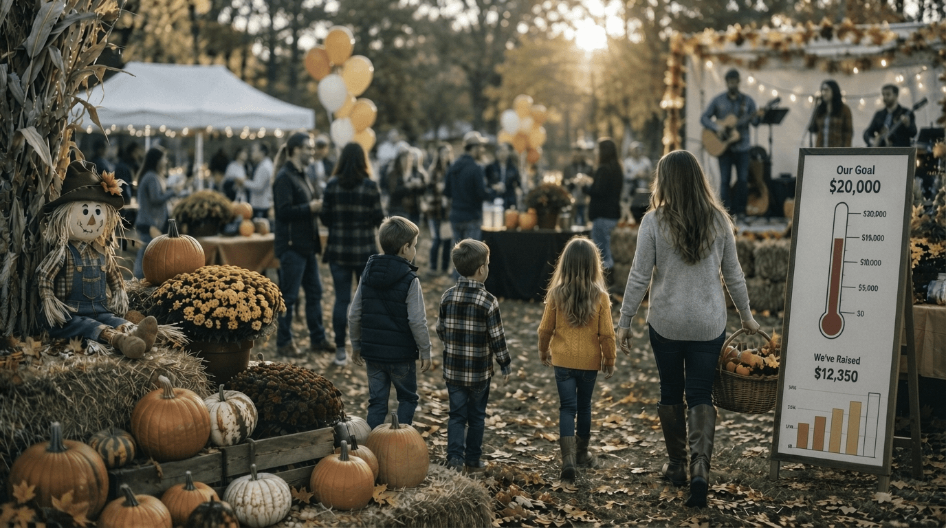 Fundraiser — A family in costumes celebrating a festive Halloween gathering