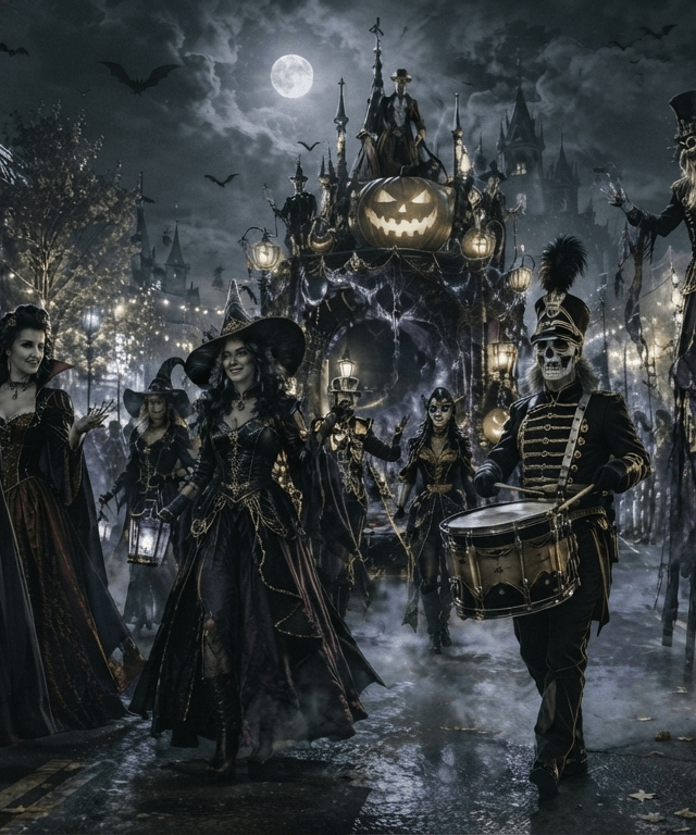 Illuminated floats moving down a small-town main street during a Halloween parade