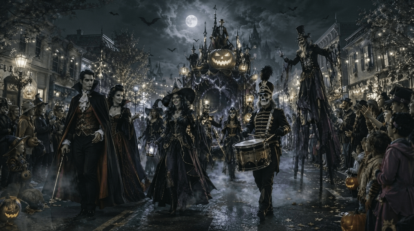 Parade — A family in costumes celebrating a festive Halloween gathering
