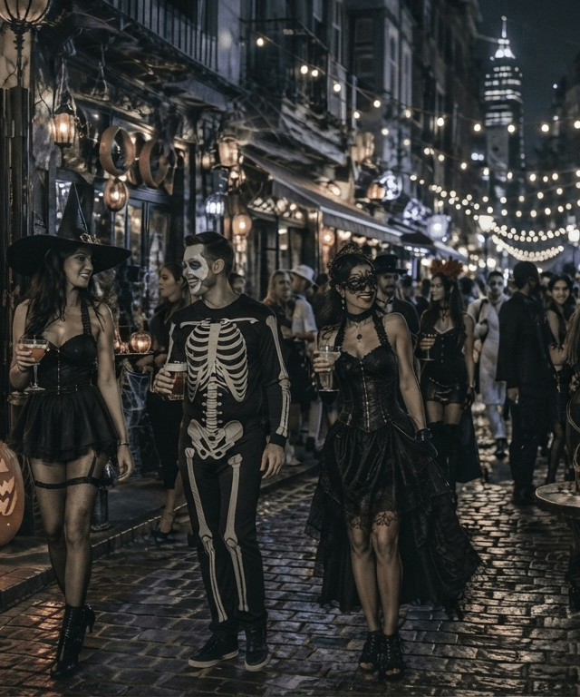 Friends in costume walking a rain-slicked city street between glowing bars