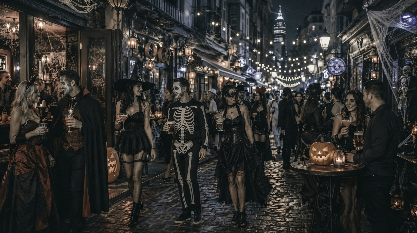 Pub Crawl — A family in costumes celebrating a festive Halloween gathering