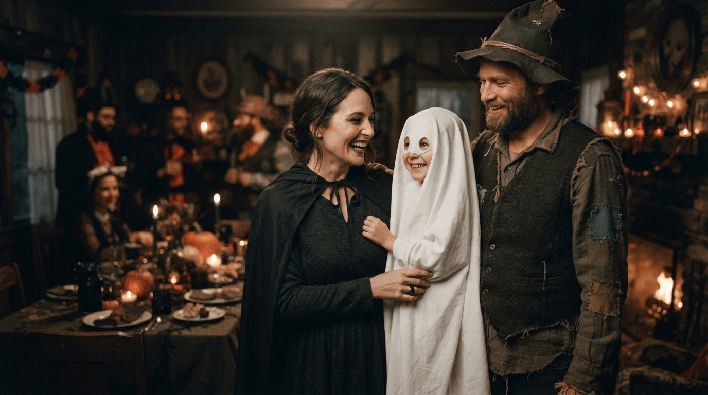 A family in costumes celebrating a festive Halloween gathering
