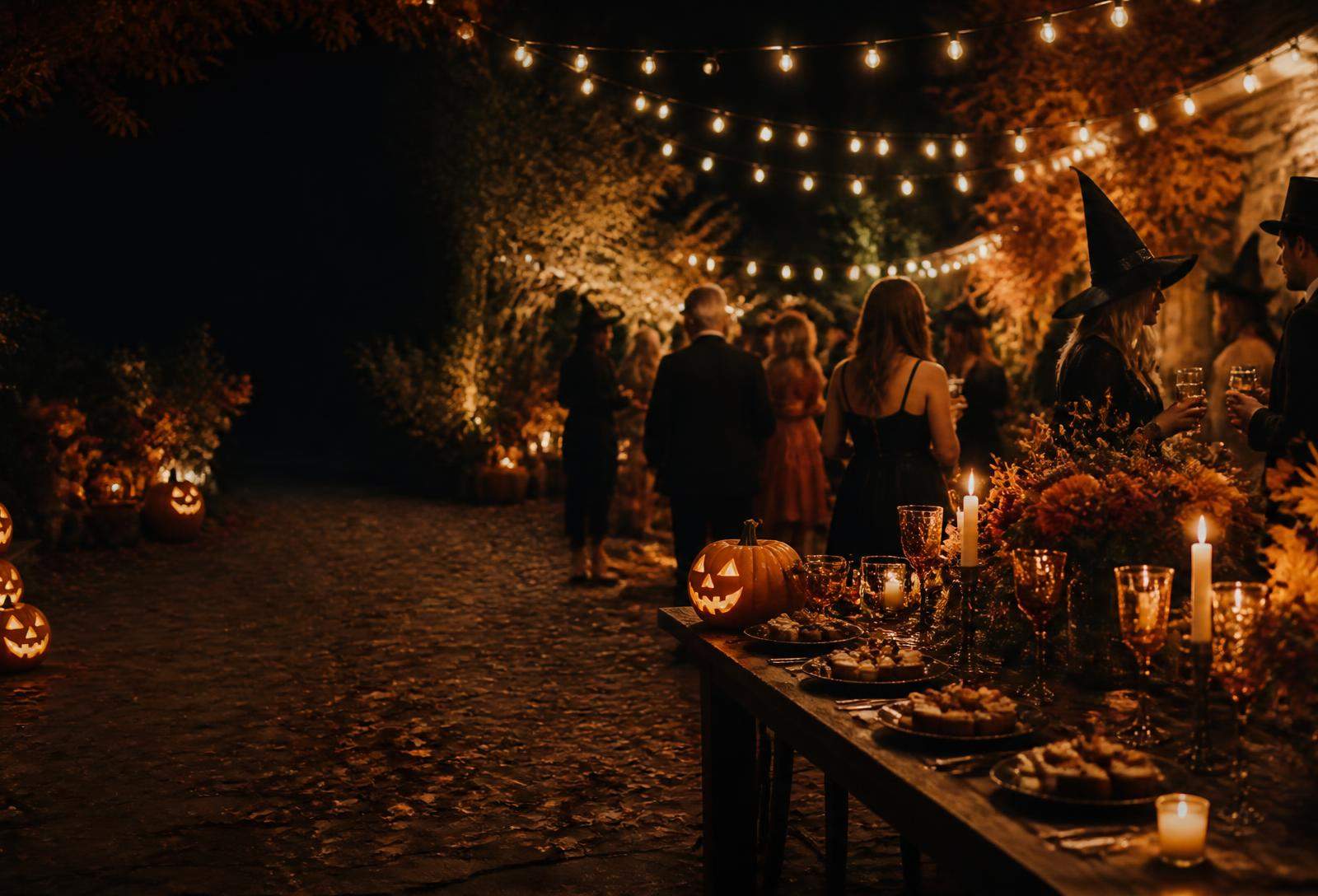 Cinematic outdoor Halloween party with glowing jack-o'-lanterns, string lights, candlelit table, and guests in costumes