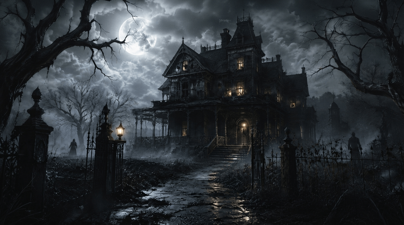 Haunted House — A fog-shrouded haunted house lit by a single lantern