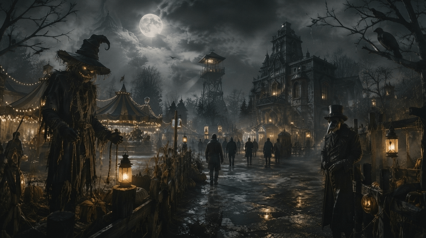Scream Park — A fog-shrouded haunted house lit by a single lantern